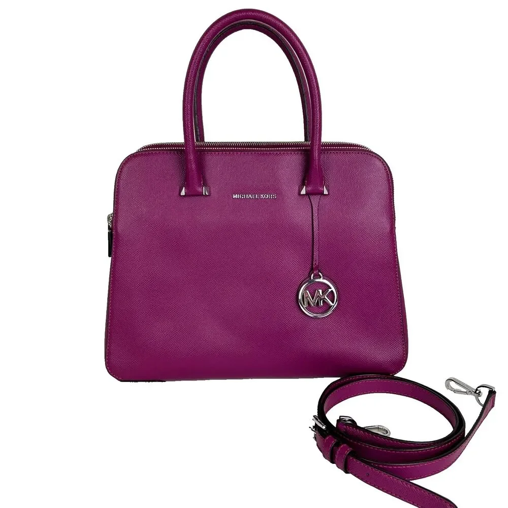 Michael Kors Houston Double Zip Crossgrain Leather Satchel Crossbody Bag Garnet